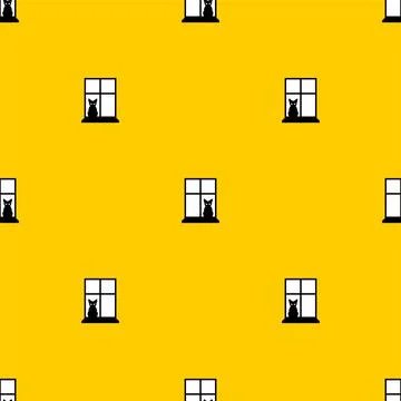 Cat in window pattern seamless. Pet background. vector texture Stock Illustration