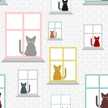 Cat in window pattern seamless. Pet background. vector texture Stock Illustration