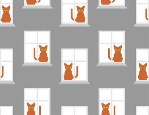 Cat in window pattern seamless. Pet background. vector texture Stock Illustration