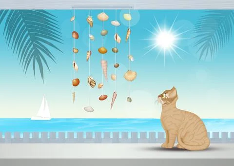 Cat on the windowsill with sea view Stock Illustration