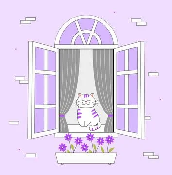 Cat at windowsill vector line concept Stock Illustration