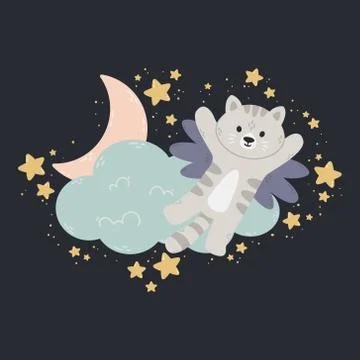 Cat with wings flies past the cloud, the moon, and stars. Dark background. Ve Stock Illustration
