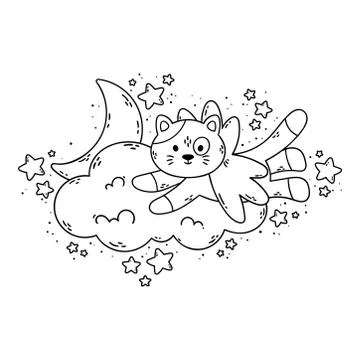 Cat with wings flies past the cloud, the moon, and stars. Vector illustration Stock Illustration