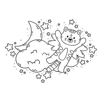 Cat with wings flies past the cloud, the moon, and stars. Vector illustration Stock Illustration