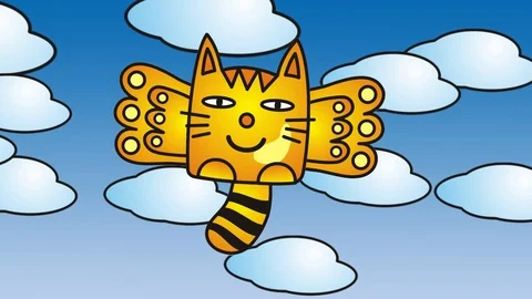 Cat with wings, fluttering among the clouds. Cartoon humorous video. Video stock 106073572