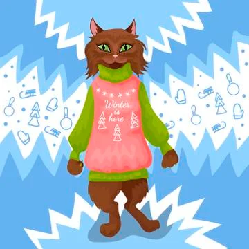 Cat in winter clothes, the vector character against the background of a pattern Stock Illustration