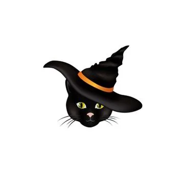 Cat in witch hat. Black cat looking at camera in Halloween outfit Funny holiday Stock Illustration