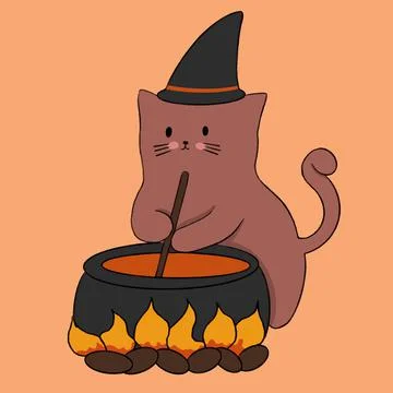 Cat in a witch hat brews a potion illustration Stock Illustration