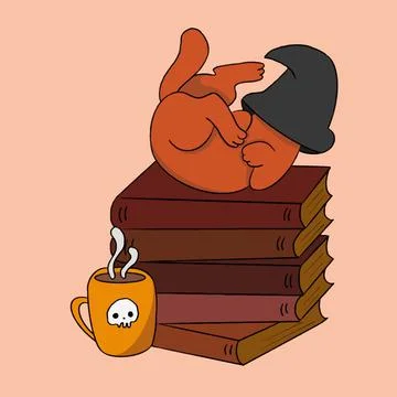 Cat in a witch hat playing on a stack of books illustration Stock Illustration