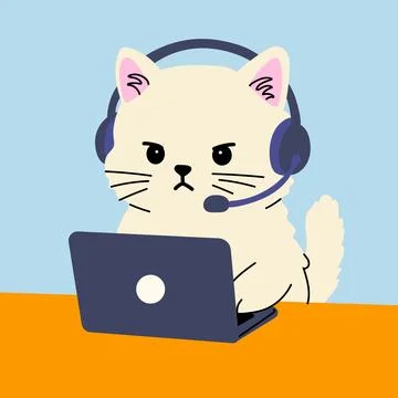 Cat working on a laptop with a headset in a digital workspace design Stock Illustration