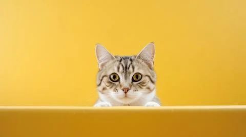 Cat on yellow background, different Angle close-up Stock Photos