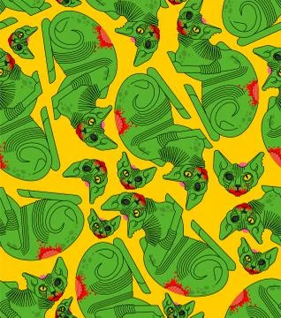 Cat zombie pattern seamless. Pet green monster background. vector texture Stock Illustration