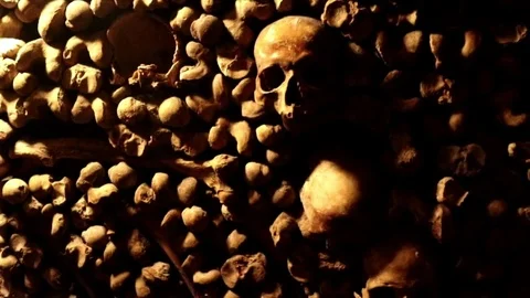 Catacombs in Paris, skulls, bones, close up Stock Footage 78039379