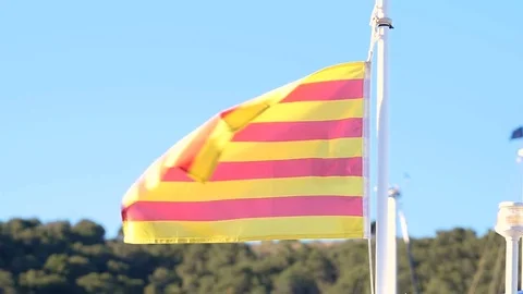 Catalan flag against blue sky Stock Footage 79954543