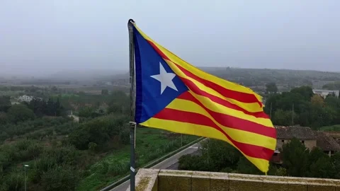 Catalan Flag on Castle Waving in the wind HD drone Stock Footage 291277192