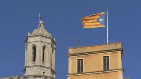 Catalan flag flapping in the wind in Girona, Costa Brava Stock Footage 67324387