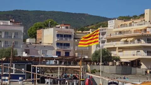 Catalan flag flies amid buildings by the beach. Cerbera, Spain - 12 September Vídeos de archivo 346044686