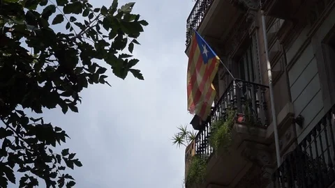  Catalan Flag hang up on the balcony Stock Footage 95960775