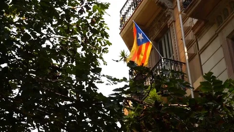  Catalan Flag hang up on the balcony Stock Footage 96146617