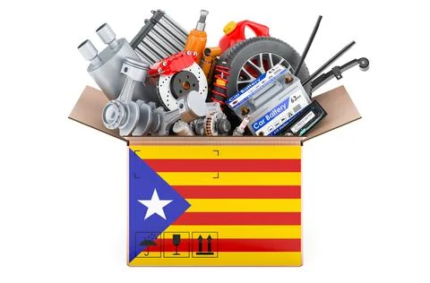 Catalan flag painted on the parcel with car parts. 3D rendering Stock Illustration