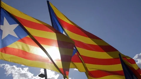 Catalan Flags with sky on background and Flares Stock Footage 80022018