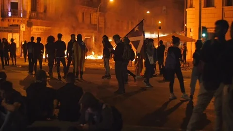 Catalan Independence Burning Streets Protest Conflict Barcelona, Spain Stock Footage 118321559