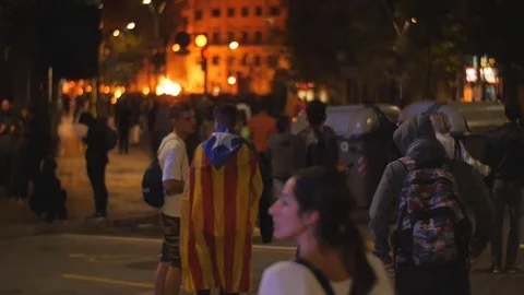 Catalan Independence Burning Streets Protest Conflict 10 Barcelona, Spain Stock Footage 118322689