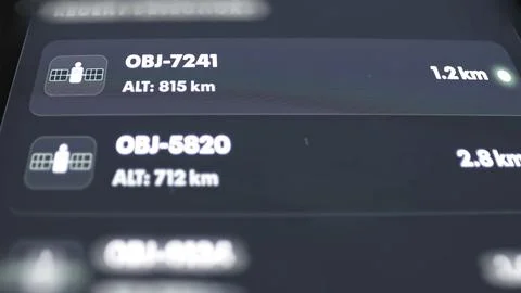 Catalog lists OBJ-7241 at 815 kilometers and OBJ-5820 at 712 Stock Photos