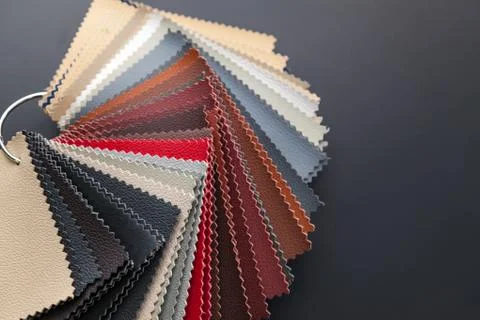 A catalog with samples of genuine leather materials in different colors for t Stock Photos