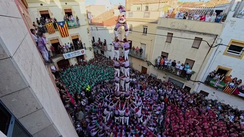 Catalonian Human Tower In Catllar, Tarragona, Catalonia, Spain - 24 Aug 2025 Stock Footage 316851663