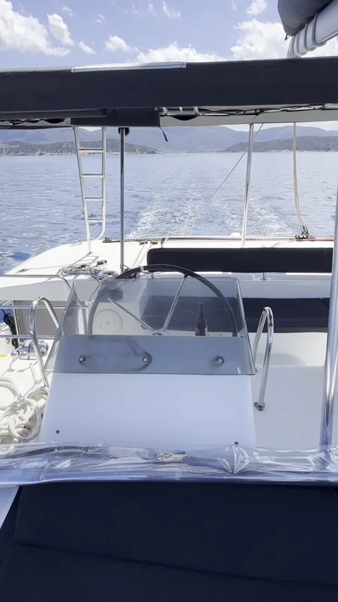 Catamaran Helm View from the Bow in Greece Stock Footage 336964479