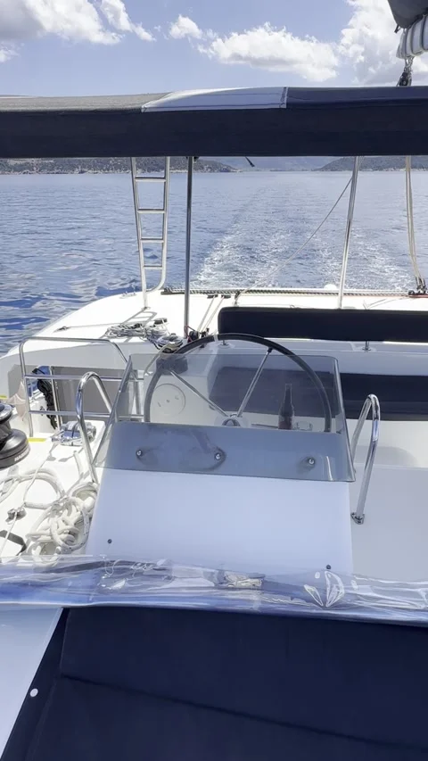 Catamaran Helm View from the Bow in Greece Stock Footage 336964480