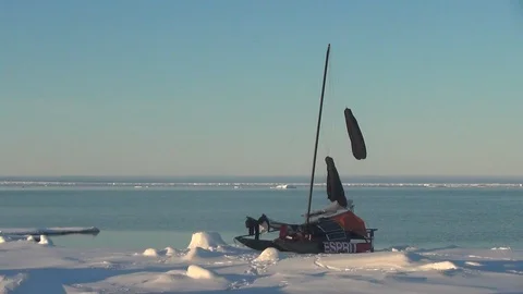 Catamaran on the ice floe at the North Pole, Arctic Ocean Stock Footage 104868586