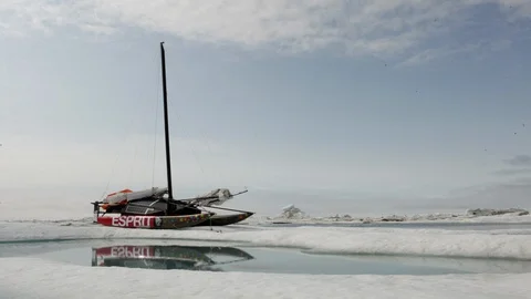Catamaran on the ice floe at the North Pole - Time Lapse Video stock 104960693