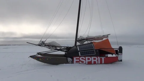 Catamaran in the middle of the ice floe at the North Pole, Arctic Ocean Stock Footage 104856355