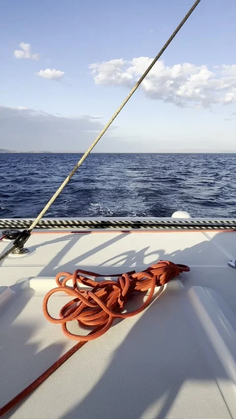 Catamaran Rigging and Red Rope Over the Sea in Greece Stock Footage 336964947