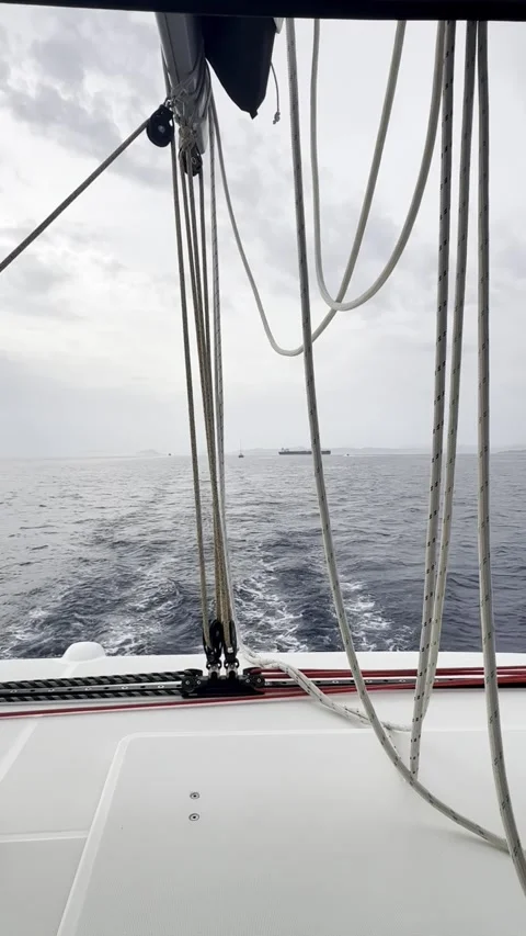 Catamaran Rigging Moving Over Aegean Waves Stock Footage 336964996