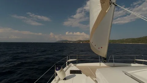 Catamaran Sailboat, view of the deck side and the sails during navigation. Stock Footage 95834169