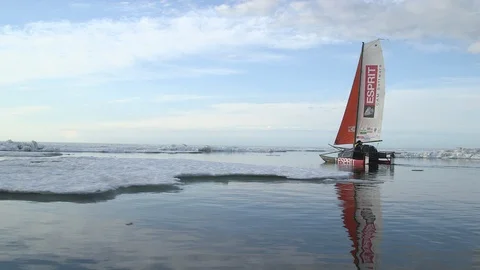 Catamaran sailing on the Arctic Ocean Video stock 104904703