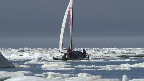 Catamaran sailing on the Arctic Ocean Stock Footage 104917455