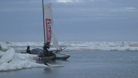 Catamaran sailing on the Arctic Ocean Video stock 104924902