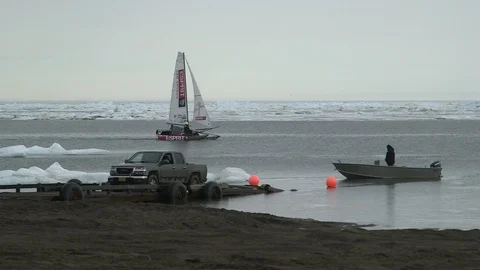 Catamaran sailing in front of Barrow, Alaska Video stock 104954937