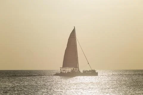 A catamaran sailing at sunset Fotos de archivo