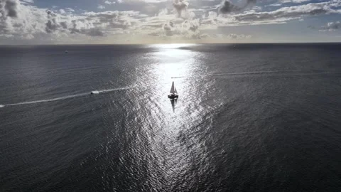 A Catamaran sails with its sails fully hoisted on the sea, under backlight Stock Footage 324788193