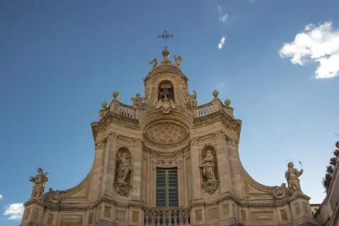 Catania baroque basilica Collegiata, detail of the top facade Stock Photos
