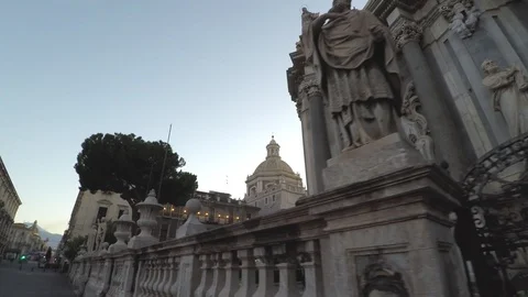 Catania baroque cathedral 4k moving view along the statues Stock Footage 108663365