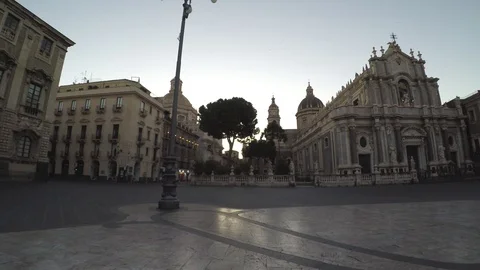 Catania baroque cathedral square 4k walking view towards the historic basilica Stock Footage 108663667