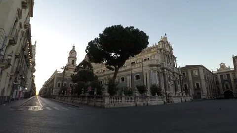 Catania cathedral square 4k round view with baroque basilica, elephant, obelisk Stock Footage 108663737