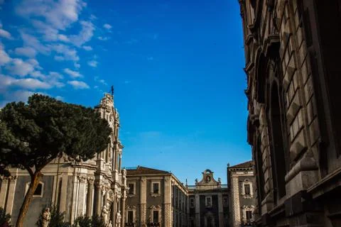 Catania cathedral square, far side view church and baroque architecture building Stock Photos