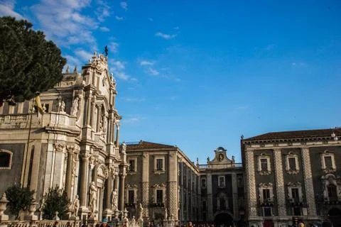 Catania cathedral square, side view church and baroque architecture building Stock Photos